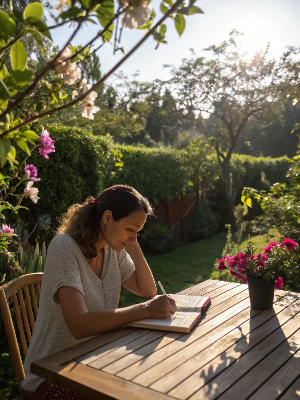 A person journaling in a peaceful setting, reflecting on their day and planning for the future.