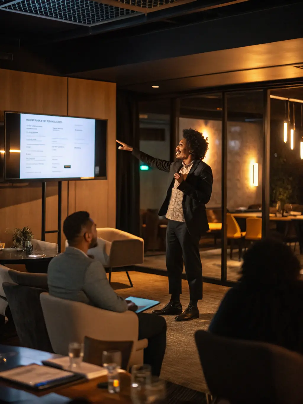 An individual confidently presenting ideas in a professional setting, showcasing improved communication skills.
