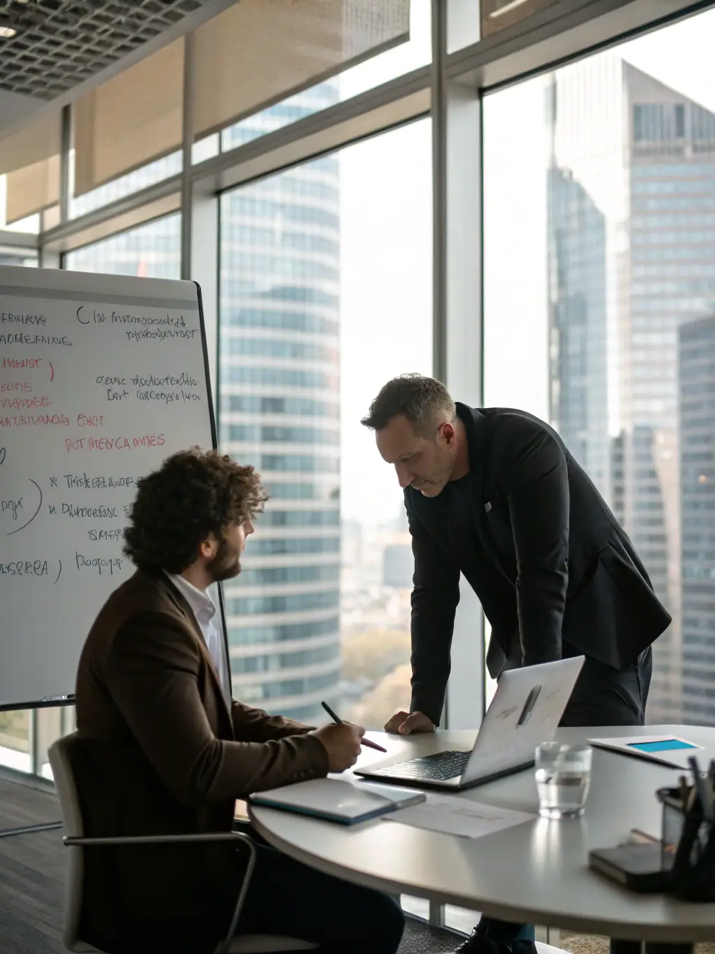 A professional coach guiding a client through a goal-setting exercise, using visual aids like a whiteboard or mind map.